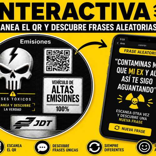 Pegatina emisiones tóxicas coche y moto con QR interactivo y frases aleatorias