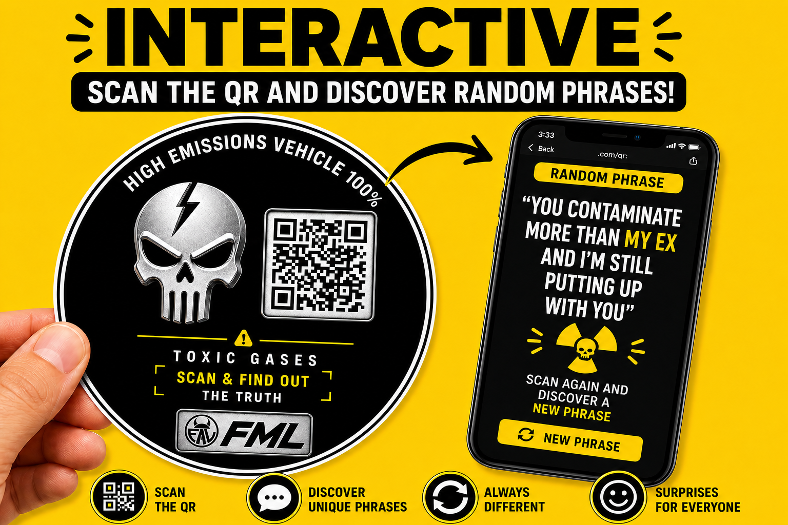 Funny QR sticker for car and motorcycle with random phrases