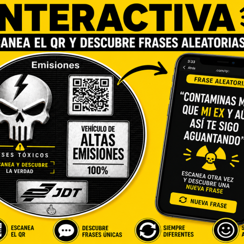 Pegatina emisiones QR interactiva coche fondo amarillo escanea y descubre frases