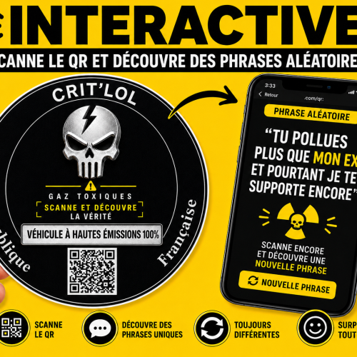 Sticker émissions QR pour voiture et moto avec phrases aléatoires Crit’LOL
