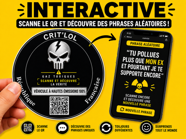 Exemple réel de l’autocollant émissions toxiques posé à l’intérieur d’une vitre