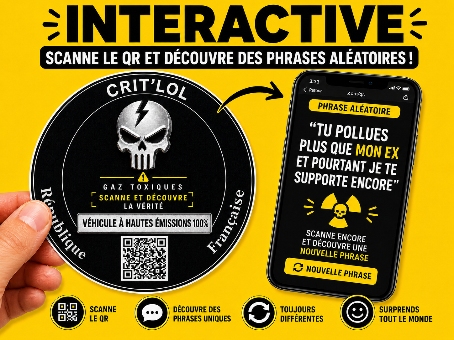 Sticker émissions QR pour voiture et moto avec phrases aléatoires Crit’LOL
