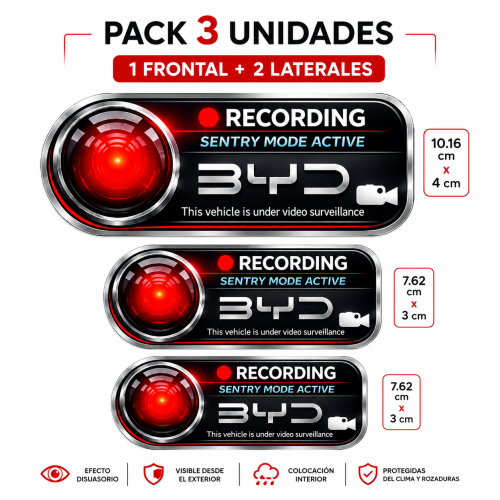 Pack 3 Pegatinas Modo Centinela para Coche BYD y XPENG – Recording / Videovigilancia